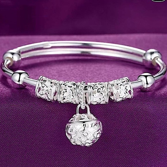 Boho Sterling Silver Resizable Ball Charm Bangle Bracelet - Picture 7 of 14